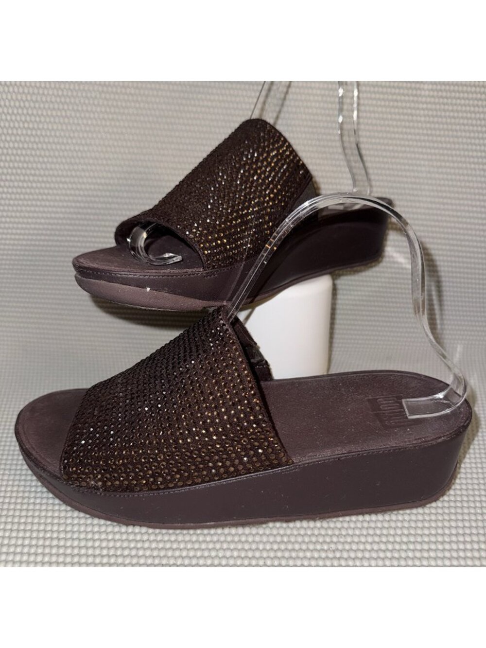 FitFlop Ginny Glitz Slide Platform Brown Rhinestone Slip On Sandal Womens Size 8